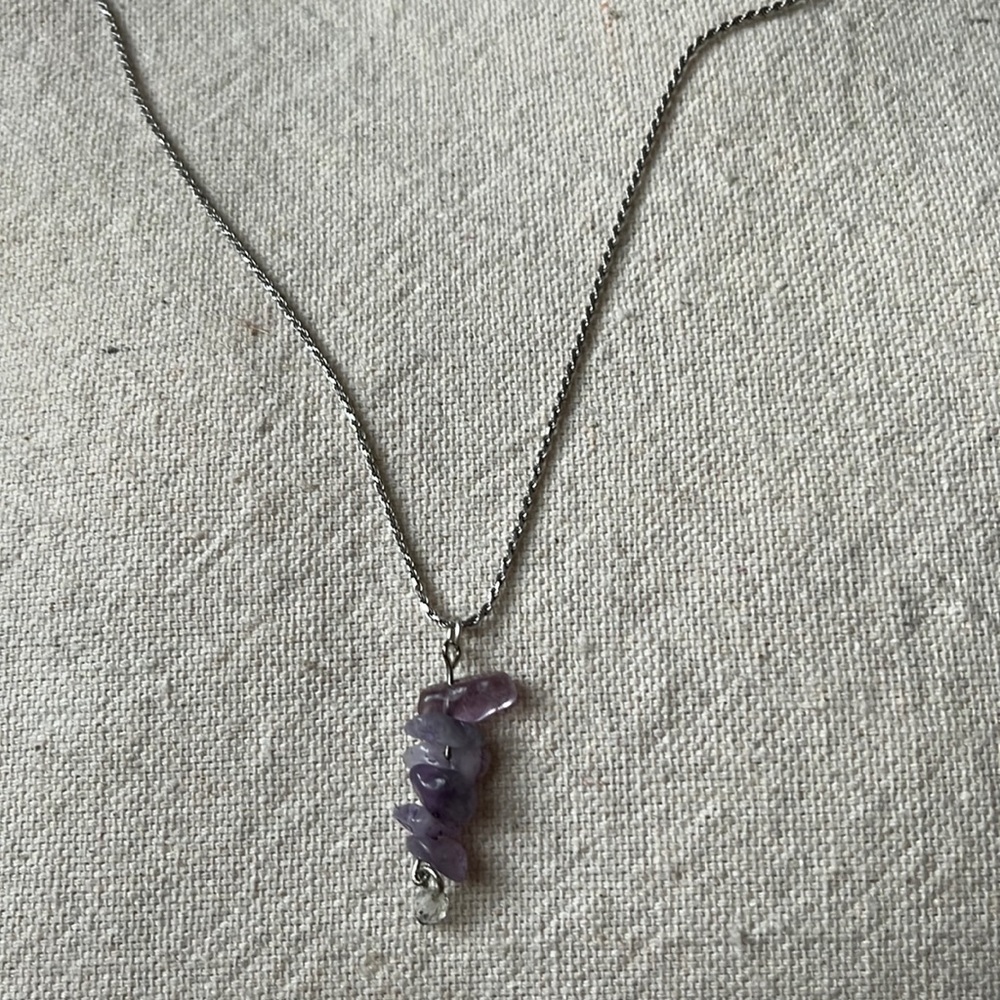 Sterling silver thin rope chain necklace with genuine amethyst chip charm